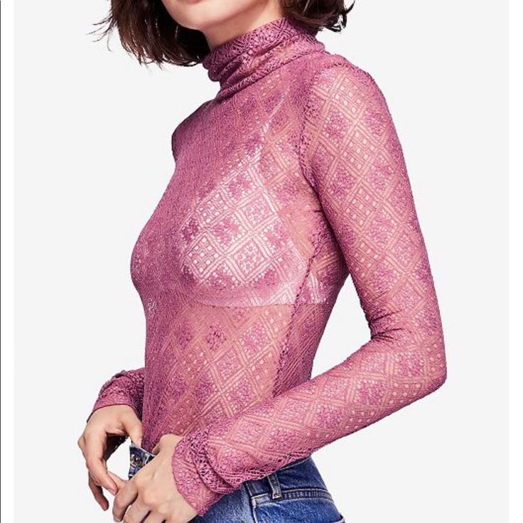 Sheer Embroidered Turtleneck Top Featuring Long Sleeves And A Floral Design. Stretch Fit Foldover Turtleneck Care/Import Hand Wash Cold Measurements: Bust: 30” Length: 24.5” Sleeve Length: 28” Chic Pink Lace Top, Pink Long Sleeve Lace Top For Spring, Chic Floral Embroidery Lace Top, Purple Floral Embroidered Top For Fall, Pink Fitted Lace Top, Lace Tops With Floral Embroidery For Fall, Purple Floral Embroidery Top For Fall, Floral Embroidery Lace Tops For Fall, Pink Fitted Long Sleeve Lace Top