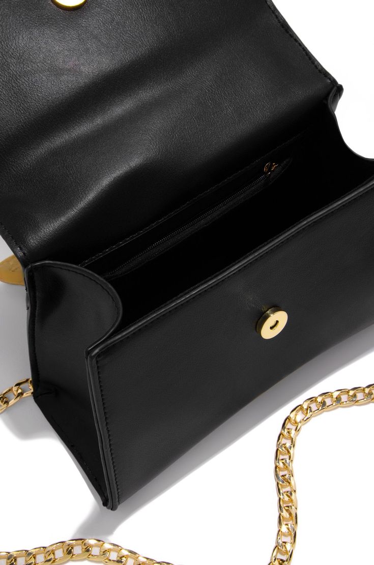 MEASUREMENTS BAG MEASUREMENT: 9"L X 3.75"W X 6"H GOLD-TONE CHAIN SHOULDER MEASUREMENT: 48.75" PRODUCT DETAILS LARGE GOLD-TONE CHAIN LINK DETACHABLE GOLD-TONE SHOULDER CHAIN MAGNETIC CLOSURE INTERIOR ZIPPER POCKET FULL INTERIOR LINING BLACK BAG Classic Gold Evening Satchel, Classic Gold Satchel For Evening, Classic Gold Bags With Gold-tone Hardware, Classic Gold Rectangular Baguette Bag, Gold Crossbody Baguette Bag For Evening, Gold Shoulder Bag With Gold-tone Hardware, Gold Satchel Bag With Gold-tone Hardware, Gold Shoulder Bag With Gold-tone Hardware Satchel, Classic Gold Flap Bag With Chain Strap