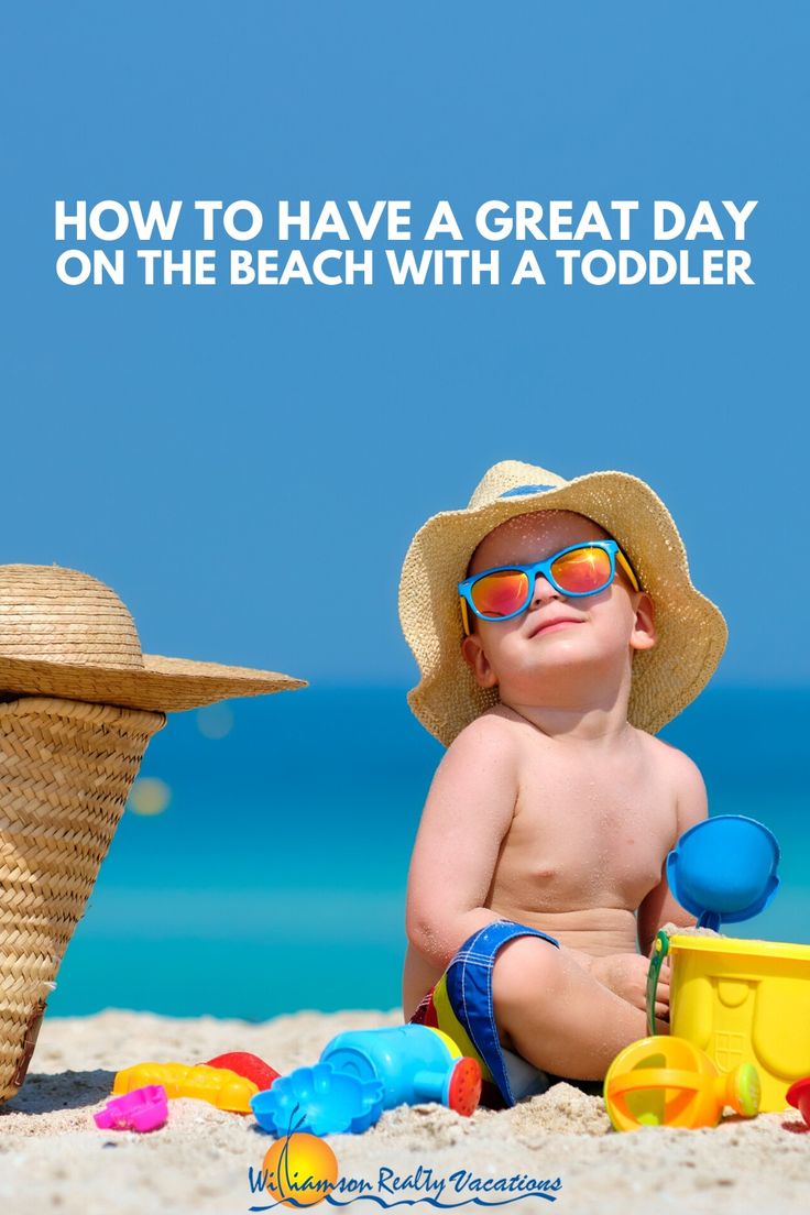 a baby sitting on the beach wearing sunglasses and a straw hat with words over it that says, how to have a great day on the beach with a todder