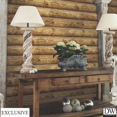 Auburn Summer Log Wallpaper (Room Setting) Wood Cabin Bedroom, Log Wallpaper, Cabin Bedroom Decor, Cabin Wallpaper, Wallpaper Room, Modern Hampton, Classic Wallpaper, Room Setting, Luxury Wallpaper