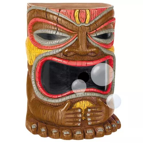 a tiki mask is shown with its mouth open and eyes wide open on a white background