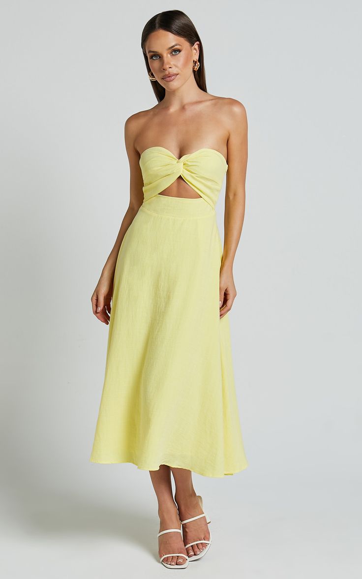 Get ready to turn heads in the Avie Midi Dress! This twist strapless cocktail dress is a total showstopper in its stunning lemon yellow hue. Made from high-quality rayon, this A-line fit and flare dress hugs your curves in all the right places while still allowing you to move with ease. Whether you're attending a wedding as a guest or getting ready for a day of partying, this sweetheart neckline midi dress is sure to make you feel like the life of the party. So go ahead and embrace your inner fa Strapless Cocktail Dress, Italy Outfits, Yellow Outfit, Life Of The Party, Cocktail Parties, Italian Summer, Themed Outfits, Rayon Fabric, Lemon Yellow