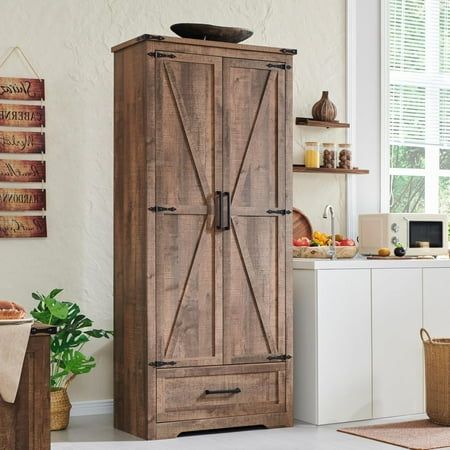 a tall wooden cabinet sitting next to a window