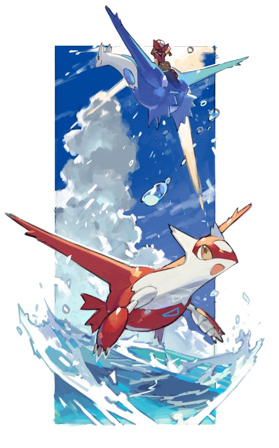 two pokemons are flying over the water