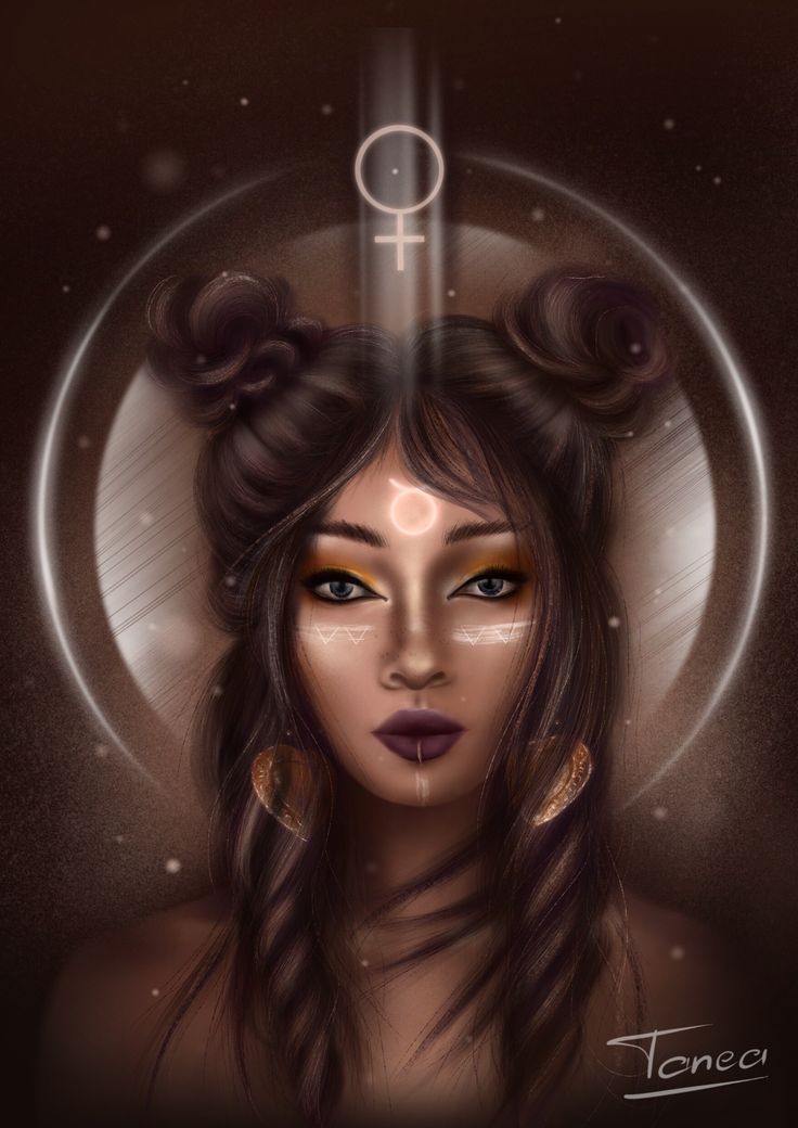 a digital painting of a woman with horns on her head and an arrow above her head