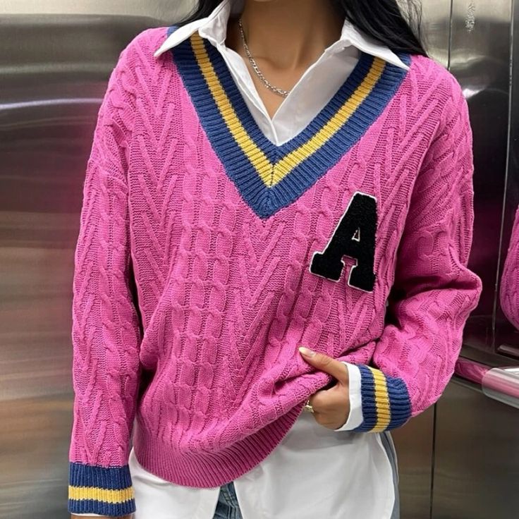 Super Soft, Extremely Well Made Drip Shoulder Varsity Sweater. Spring College Sweater With Ribbed Cuffs, Sporty Ribbed Spring Sweater, Sporty Ribbed Sweater For Spring, Sporty Pink Sweater For Fall, Sporty Knitted Fall Sweater, Pink Sporty Sweater For Fall, Preppy Knit Sweater For Fall, Sporty Spring Knit Sweater, Sporty College Sweater For Spring