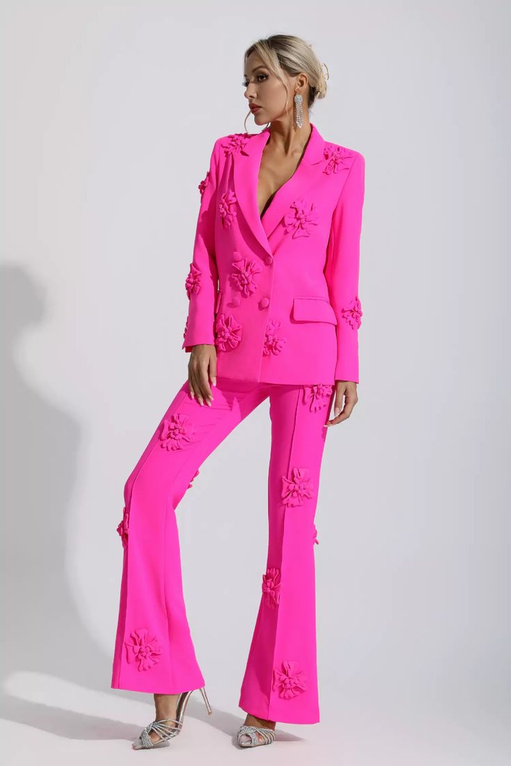 Glamorous Spring Wedding Blazer, Elegant Party Blazer With Floral Embroidery, Elegant Spring Sets With Suit Collar, Elegant Festive Floral Print Sets, Fitted Floral Embroidery Sets For Work, Fitted Floral Embroidery Sets For Workwear, Fitted Sets With Floral Embroidery For Work, Pink Suits For Spring Evening, Fitted Workwear Sets With Floral Embroidery