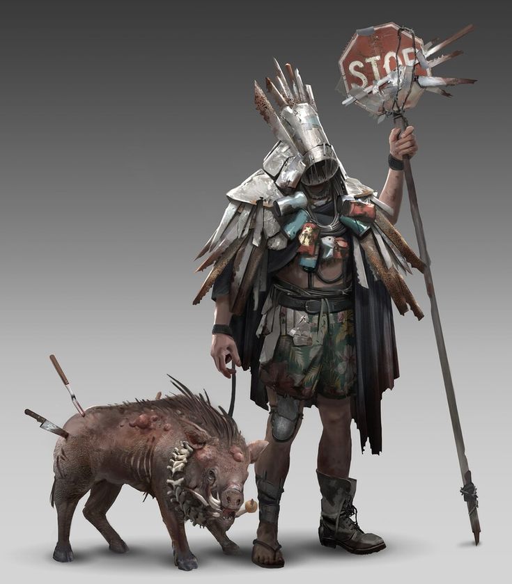 a man dressed in armor holding a stop sign next to a dead pig with spikes on its head