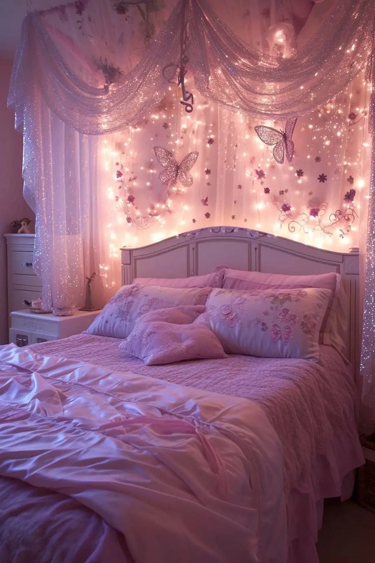 a bed with pink comforter and fairy lights on the headboard, along with white curtains