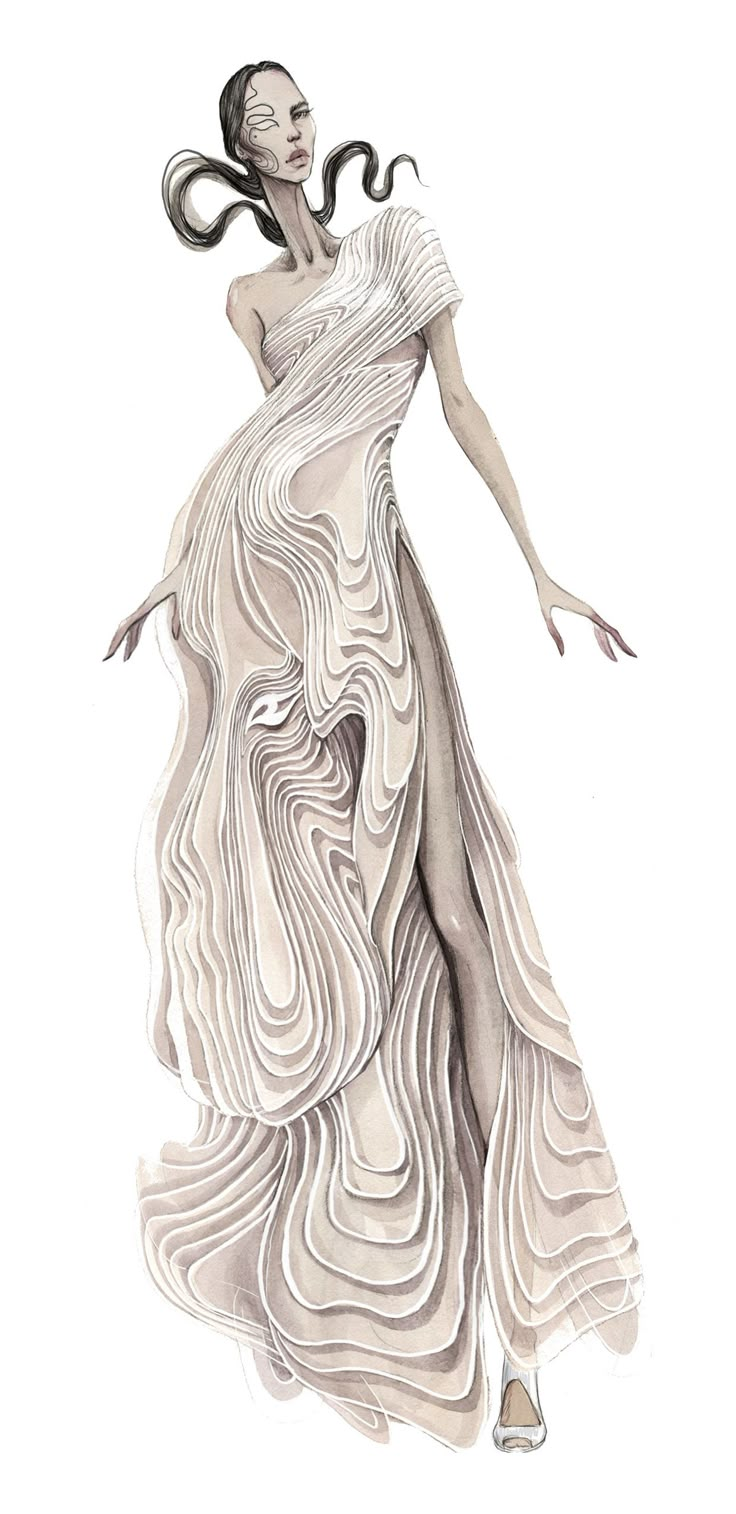 SHIFT SOULS Iris Van Herpen Fashion Illustration, Iris Van Herpen Illustration, High Fashion Drawing, Iris Van Herpen Sketchbook, Architecture Fashion Design, Iris Van Herpen Couture, Types Of Fashion, Fashion Sketch Template, Fashion Illustration Poses