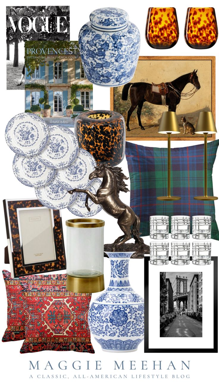 a collage of blue and white items including vases, lamps, pictures, etc