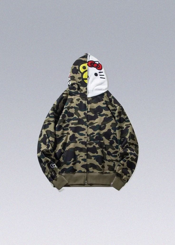 Hello Kitty x Bape Green Camo Hoodie This is a highly sought-after collaboration between Hello Kitty and Bape, resulting in a remarkable Green Camo Hoodie. The hoodie features a unique design that combines the iconic Hello Kitty character with Bape's renowned streetwear aesthetic. - Details: 100% Cotton Super high quality and details Delivery within 2 weeks - Size:(cm) Size M L XL 2XL 3XL Suitable Height 155-165cm 165-175cm 170-180cm 175-185cm 180-190cm Suitable Weight 40-50kg 50-60kg 60-70kg 70 Hello Kitty Bape Hoodie, Tuff Hoodies, Bape Hoodie Aesthetic, Cute Birthday Outfits For Winter, Bape Hello Kitty, Bape X Hello Kitty, Camo Sweatshirt Outfit, Lazy Day Fits, Basic Baddie Outfits