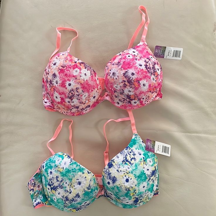 Two Bras, Same Size 38d Multicolor Push-up Bra For Summer, Spring Pink Padded Bra, Summer Pink Bra With Padded Cups, Fitted Multicolor Bra With Floral Print, Fitted Pink Summer Bra, Summer Fitted Pink Bra, Pink Floral Print Beach Bra, Summer Floral Print Pink Bra, Spring Floral Print Multicolor Bra