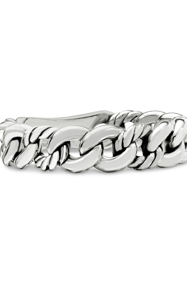 Cable-textured and smooth curb-chain links circle around this polished ring sculpted from sterling silver. Sterling silver Imported Classic White Gold Chain Ring, Modern White Gold Link Chain Ring, Modern Silver Chain Link Ring, Silver Metal Chain Ring With Solid Link Construction, White Gold Sterling Silver Chain Link Ring, White Gold Chain Link Ring In Sterling Silver, Modern Silver Oval Link Ring, Elegant Silver Chain Link Ring, Classic Silver Link Rings