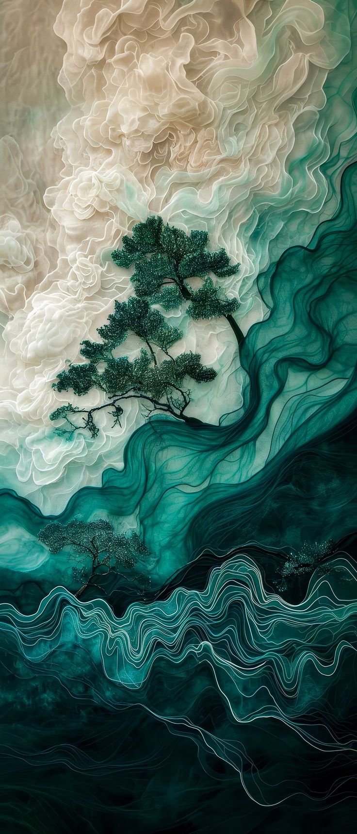 an abstract painting with waves and a tree on the water's edge, as if it were painted in oil or acrylic paint