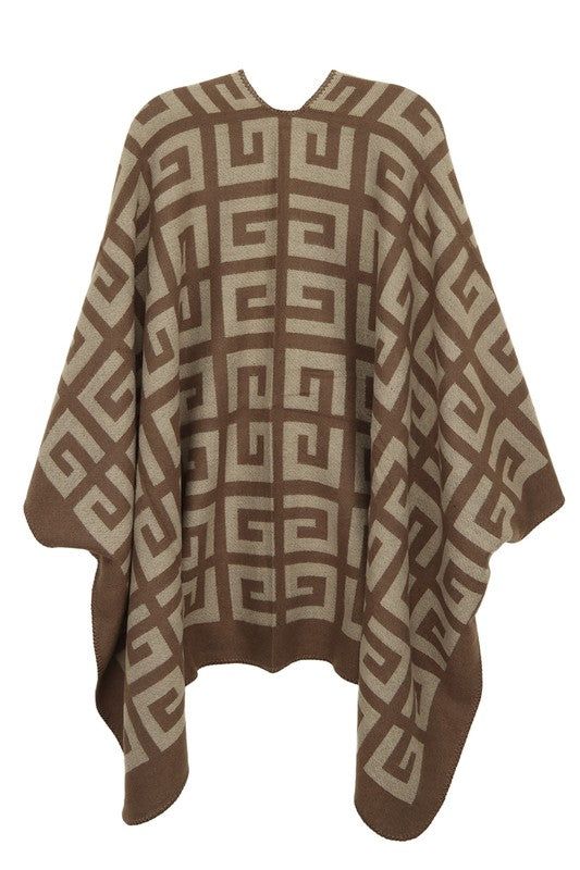 Greek Pattern Poncho63"(L) X 47.2"(W)Size Measurement (inch):OS: (Bust), (Waist), (Hips), (Length) Oversized Brown Cape Shawl, Oversized Brown Poncho Cape, Brown One Size Cape, Oversized Brown Poncho For Fall, One-size Brown Cape For Fall, One Size Brown Cape For Fall, Brown Long Sleeve One-size Cape, One Size Brown Cape Outerwear, Brown Cape