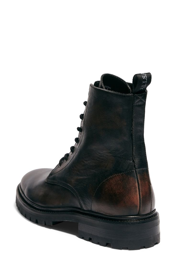 A beefy lug sole grounds a classic boot built from lightly weathered leather for a vintage vibe. Style Name:Allsaints Tobias Plain Toe Boot (Men). Style Number: 5973093. Fall Leather Combat Boots With Lug Sole, Leather Combat Boots With Lug Sole For Fall, Rugged Lace-up Boots With Lug Sole And Round Toe, Rugged Leather Sole Combat Boots For Winter, Rugged High-top Martin Boots With Goodyear Welt, Rugged Martin Boots With Leather Sole, Rugged High Ankle Lace-up Boots With Leather Sole, Rugged Fall Combat Boots With Leather Footbed, Fall Rugged Combat Boots With Leather Footbed