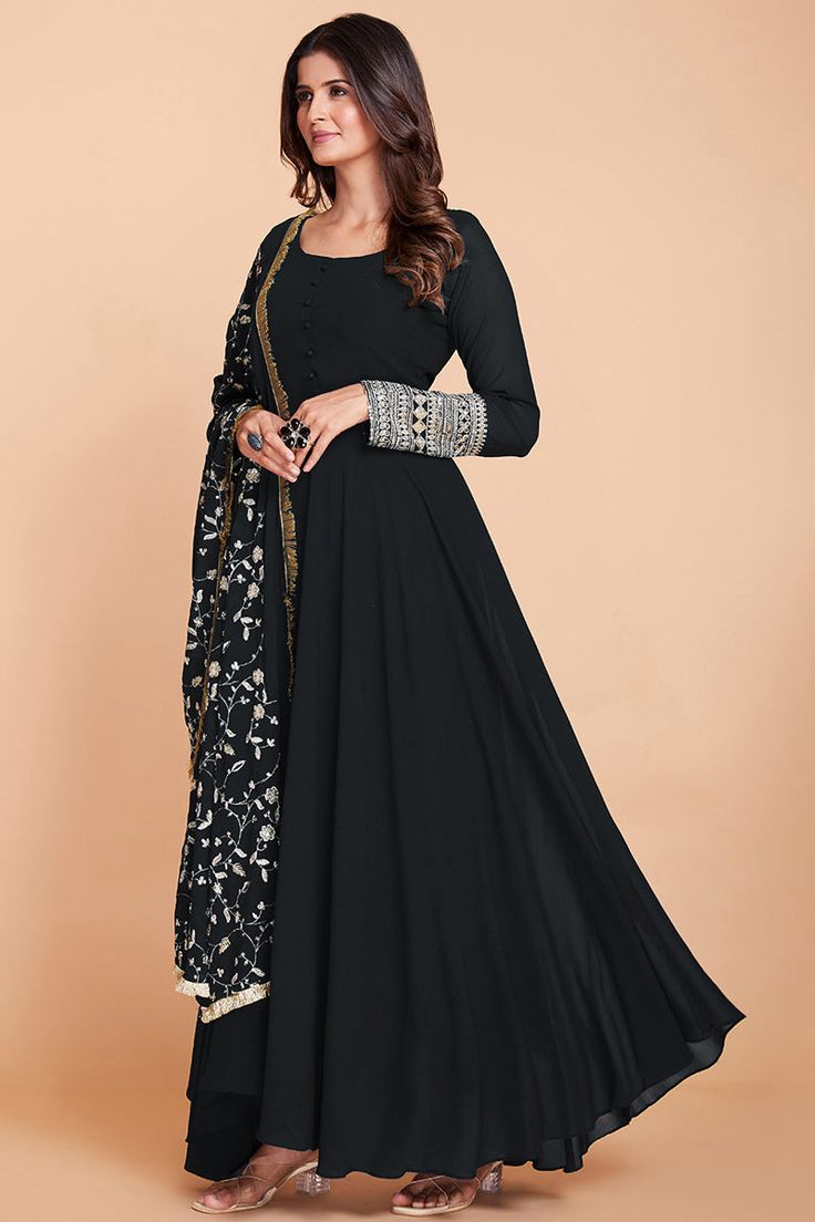 Georgette Fabric Admirable Readymade Long Gown In Party Wear Black Dress Indian, Black Anarkali Dress, Indian Party Wear Gowns, Long Anarkali Gown, Georgette Material, Full Gown, Party Wear Gowns, Simple Lehenga, Georgette Gown