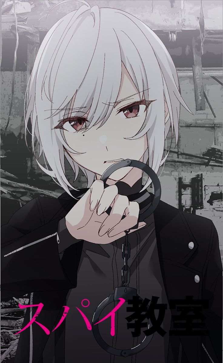 an anime character with white hair and black clothes holding a steering wheel in front of her face