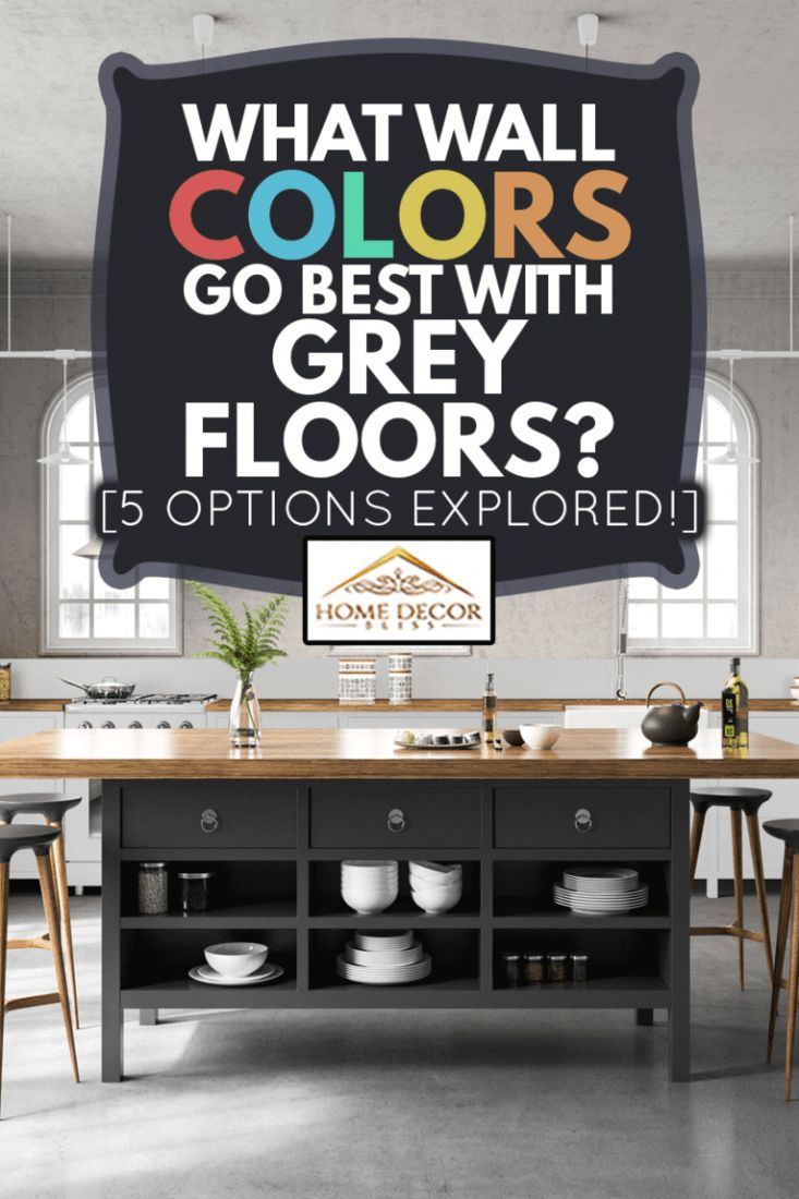 a kitchen with an island in the middle and text that reads what wall colors go best with grey floors? 15 options exposed