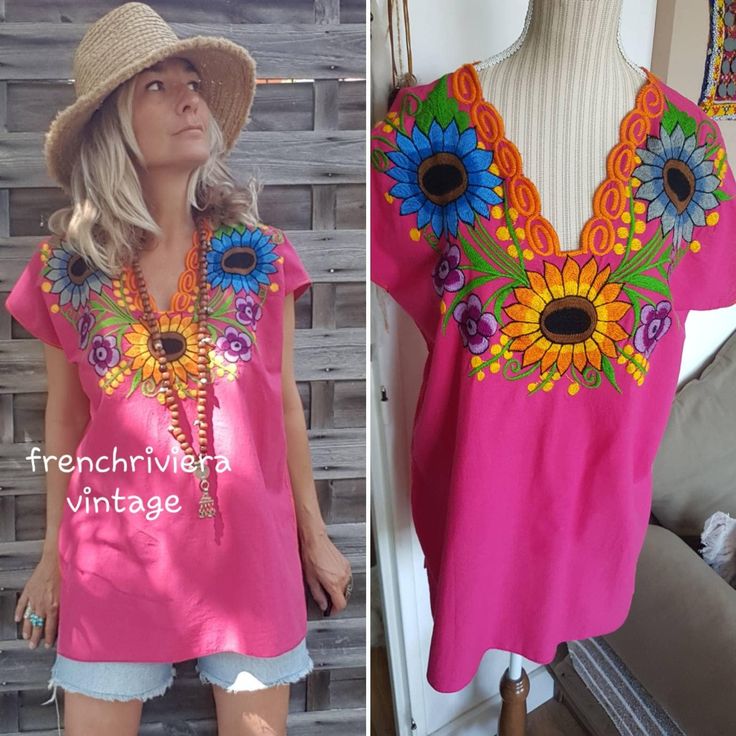 Pink cotton top Cotton from Mexico Short sleeves Flower embroidery (machine) V-neck Long top Flower motifs Simple shape Colors pink, blue, orange, purple, green, my, yellow, gray Suitable for an L size Measurements: armpit to armpit: 58 cm / 22.6 inches Length: 72 cm / 28.2 inches Measures taken flat Old top in perfect condition Summer Bohemian V-neck Blouse, Colorful V-neck Blouse For Vacation, Summer V-neck Blouse With Floral Embroidery, Bohemian Boho Print V-neck Top, Bohemian V-neck Tops With Boho Print, Colorful V-neck Blouse For Beach, Summer Boho Print Folk Blouse, Summer Folk Blouse With Boho Print, Summer Folk Style Blouse With Boho Print