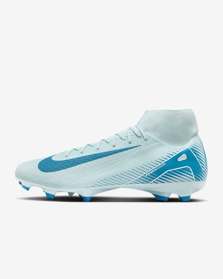 the nike superfly fg football cleat is shown in white and blue