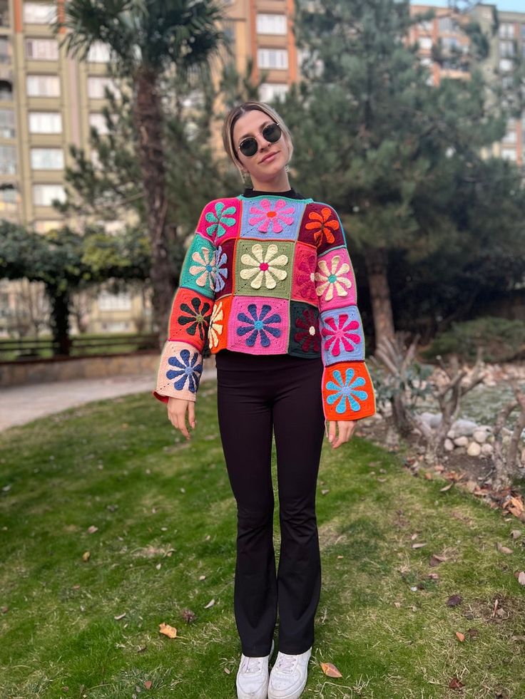 Multicolored Sweater, Crochet Colorful Coat, Hippie Cardigan, Colorful Daisy Cardigan, Floral Sweater, Crochet Jacket, Granny Square Coat - Etsy Colorful Patchwork Long Sleeve Sweater, Multicolor Long Sleeve Cardigan, Multicolor Patchwork Cardigan For Spring, Spring Multicolor Patchwork Cardigan, Spring Sweater With Multicolor Embroidery And Long Sleeve, Colorful Long Sleeve Outerwear For Fall, Multicolor Embroidered Long Sleeve Spring Sweater, Colorful Bohemian Long Sleeve Sweater, Retro Patchwork Sweater For Spring