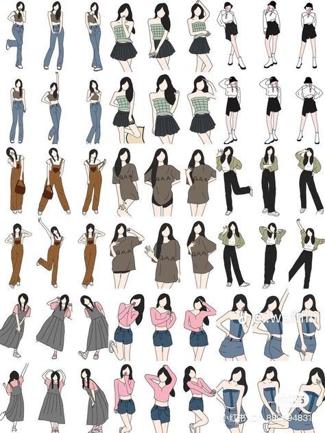 an image of women in different poses and clothes on a white background, all dressed up