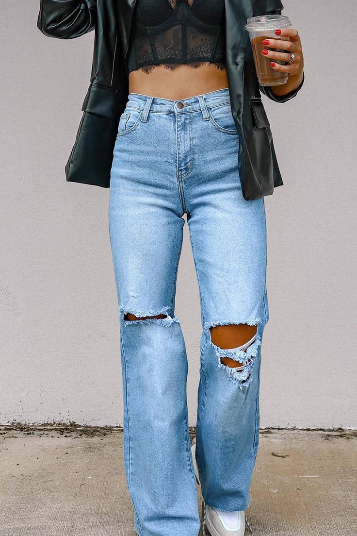 Women's Jean Pants Street Solid Ripped High Waist Regular Denim Jeans Winter Mini Dresses, Denim Street Style, Collared Shirt Dress, Denim Style, 70 Dress, Swimwear Cover Ups, Plus Size Lingerie, Long Blouse, One Piece Swimwear