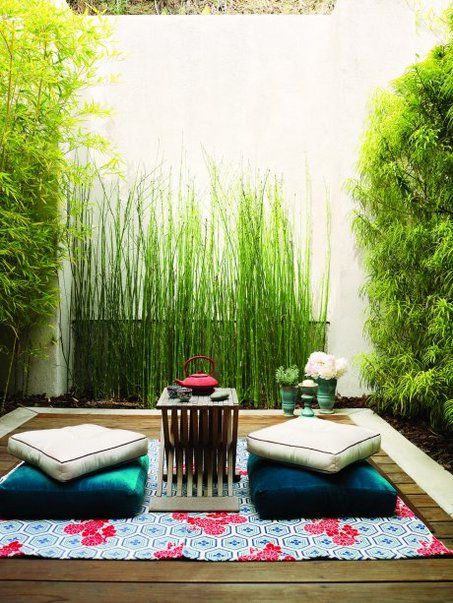 an outdoor patio with bamboo trees and plants