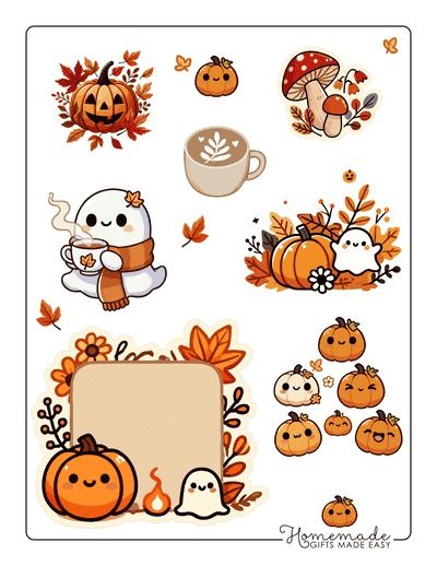 an assortment of stickers with pumpkins, leaves and other things in them on a white background