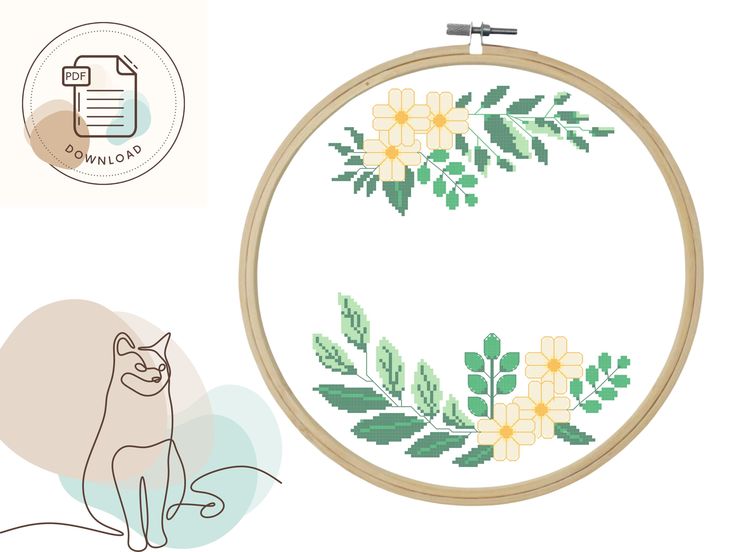 a cat sitting in front of an embroidery hoop with flowers and leaves on the hoop