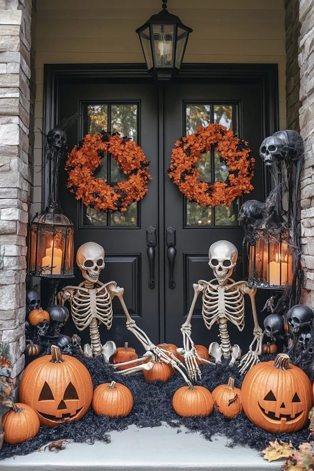 two skeletons sitting on top of pumpkins in front of a door with lanterns and wreaths