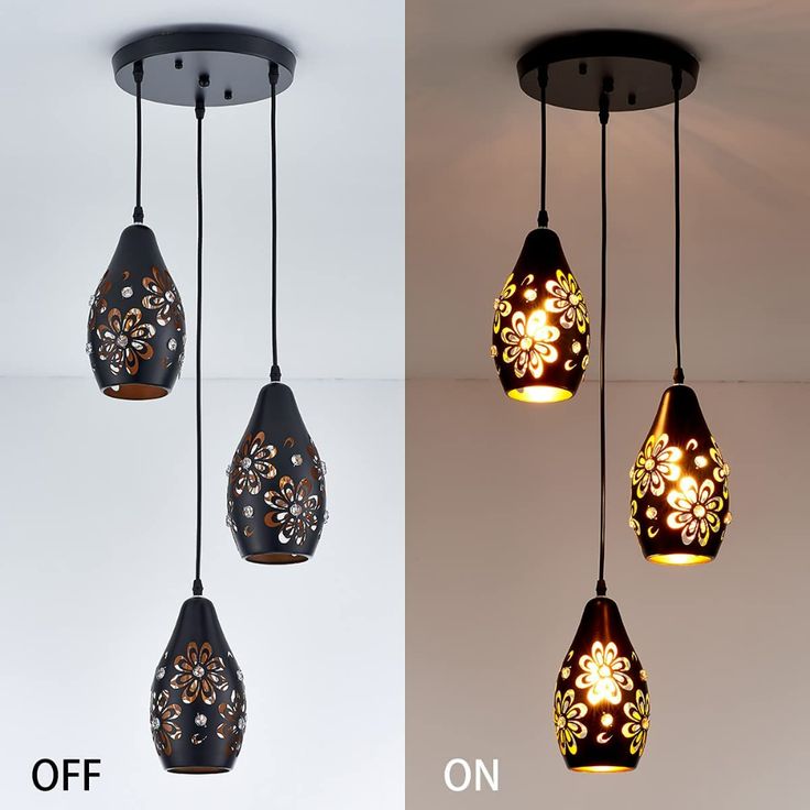 three different types of lights hanging from the ceiling, one with an intricate design on it