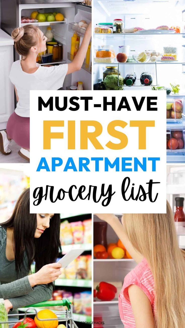 two women in front of an open refrigerator with the words must have first apartment grocery list