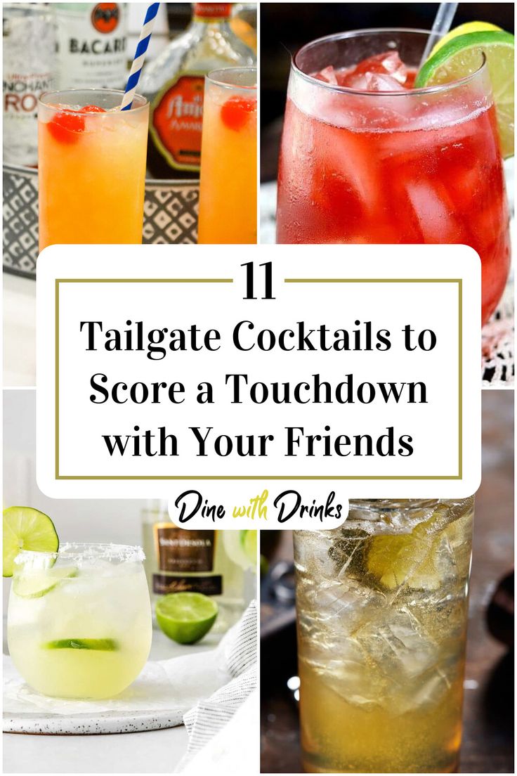 Collage of 4 tailgate cocktails. Tailgate Bunco Theme, Drinks For Football Party, Football Themed Alcoholic Drinks, Tailgate Alcoholic Drinks, Drinks For Super Bowl Party, Tailgate Cocktails Football, Tailgate Shots Alcohol, Game Day Drinks Football, Game Day Cocktails Football Season