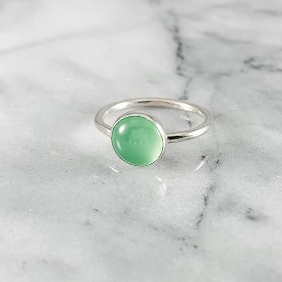 chrysoprase gemstone ring, green ring, mint green ring, bridal jewelry, bridesmaid gifts, silver rin Green Sterling Silver Stackable Promise Rings, Green Crystal Ring For May Birthstone, Green Sterling Silver Spiritual Rings, Delicate Green Sterling Silver Jewelry, Jade Open Ring For Gift, Jade Open Ring As Gift, Jade Open Ring Gift, Elegant Green Moonstone Promise Ring, Dainty Healing Rings