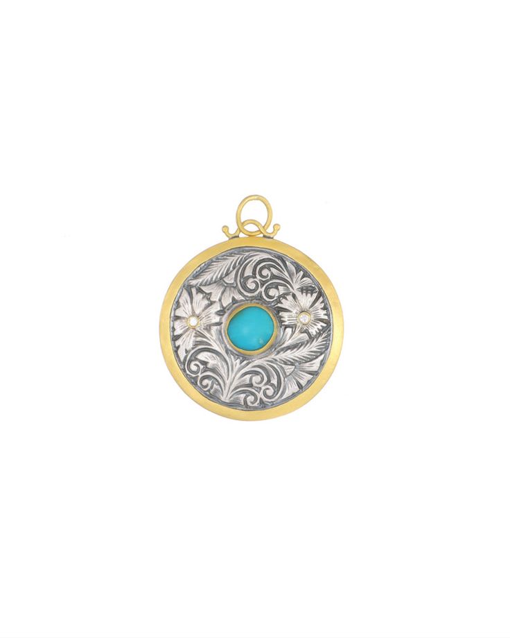 Ornate Turquoise pendant Luxury Turquoise Pendant Necklace, Gold Turquoise Pendant Necklace In Sterling Silver, Turquoise Medallion Necklace Engraved, Turquoise Engraved Amulet Jewelry, Engraved Turquoise Amulet Jewelry, Turquoise Round Pendant Locket Jewelry, Turquoise Medallion Locket Jewelry, Round Turquoise Locket Jewelry, Turquoise Round Locket Jewelry