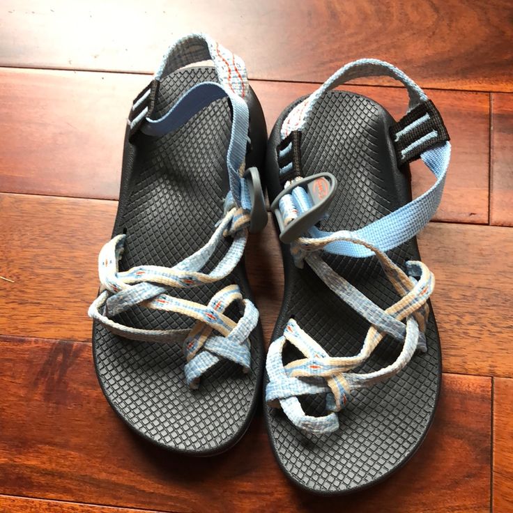 Never Worn Gray Flat Sandals For The Beach, Gray Open Toe Sandals For Outdoor, Casual Adjustable Blue Sport Sandals, Casual Blue Adjustable Sport Sandals, Comfortable Blue Sandals For Outdoor, Blue Summer Sport Sandals With Round Toe, Gray Round Toe Sport Sandals For Beach, Blue Round Toe Sport Sandals For Summer, Gray Sport Sandals For Beach