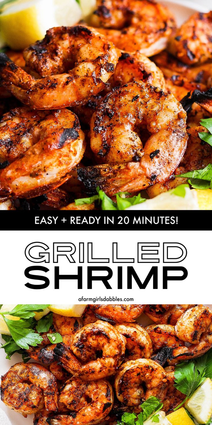 grilled shrimp on a plate with lemon wedges