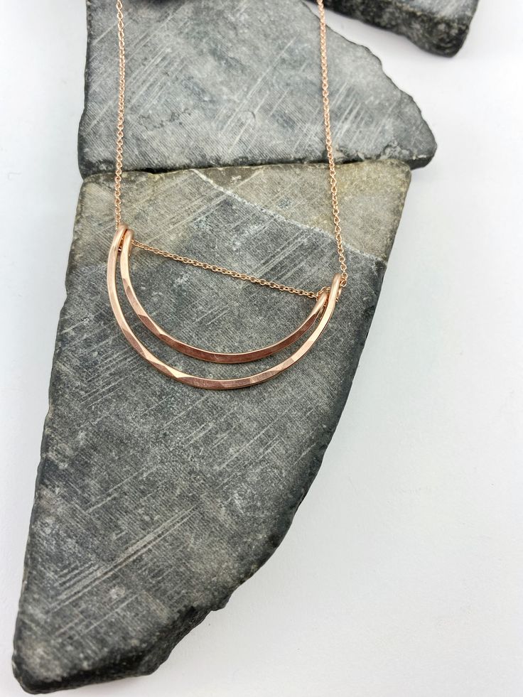 "Dainty hammered 14k rose gold rainbow necklace. Available on 16\", 18\" or 20\" cable chain. You may choose between silver, 14k gold or 14k rose gold fill chain (price varies). Simple, elegant and lightweight necklace for everyday wear. Your necklace will come on a custom card in a recycled kraft box topped with a bow. PLEASE note this is handmade jewelry. There will be slight differences as each piece is made just for YOU" Elegant Hammered Rose Gold Necklace, Dainty Hand Forged Rose Gold Jewelry, Minimalist Hand Forged Rose Gold Jewelry, Rose Gold Hammered Pendant Necklace, Dainty Hammered Rose Gold Necklace, Rose Gold Crescent Necklace Gift, Everyday Hammered Rose Gold Jewelry, Hammered Rose Gold Jewelry For Gift, Everyday Rose Gold Hammered Jewelry