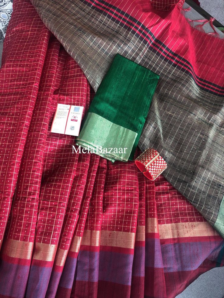 This splendid red pure raw silk saree has delicate zari weaving all over the body and has a contrast palla and blouse fabric. Authenticated by the SILK MARK CERTIFICATION  Fall attached. Matching bracelet kada included. Note: The color of the products may slightly vary according to the ambient lighting conditions and the color calibration of LED devices. If you would like more clarity before your purchase, please drop us a message . Red Slub Silk Sets For Festivals, Red Tussar Silk Pre-draped Saree For Festivals, Red Cotton Silk Pre-draped Saree With Dupatta, Red Cotton Silk Saree Set, Festive Red Cotton Silk Pre-draped Saree, Red Raw Silk Pre-draped Saree For Transitional Season, Red Slub Silk Saree For Eid, Red Cotton Silk Pre-draped Saree With Cutdana, Red Slub Silk Pre-draped Saree With Dupatta