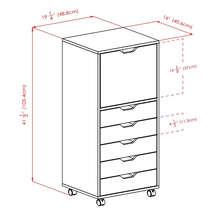 a drawing of a tall cabinet with three drawers and measurements for the bottom drawer on each side