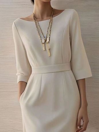 Elegant Plain Boat Neck Regular Fit Dress Professional Dress For Women, Three Quarter Sleeve Dresses, Professional Dress, Summer Elegant, Professional Dresses, Fit Dress, Look Plus, Types Of Dresses, Mini Dresses