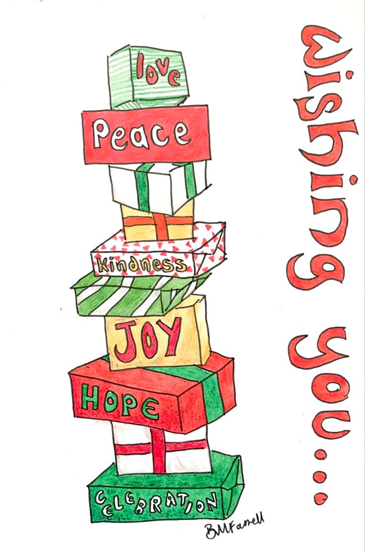 Drawing of a pile of parcels each with a wish for the recipient: joy, hope, peace etc. Christmas card design. Christmas Window Decorations, Happy Holiday Cards, Window Decorations, Peace Art, Christmas Window, Christmas Card Design, Faith Hope Love, Hope Love, Xmas Crafts