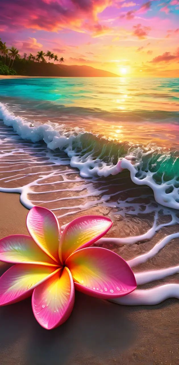 a pink flower sitting on top of a sandy beach next to the ocean at sunset