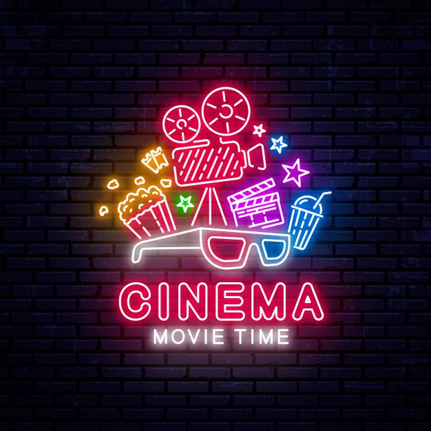 cinema movie time neon sign with popcorn, glasses and film reel on brick wall background