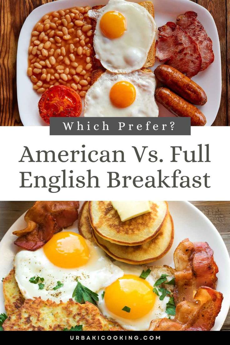 an english breakfast with eggs, sausages and beans on a white plate next to the words which prefer? american vs full english breakfast