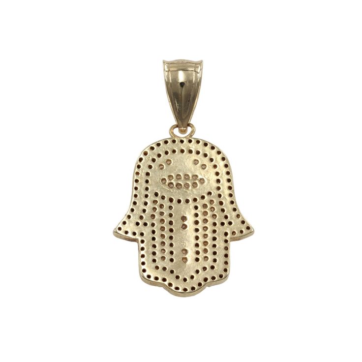 Step into a realm of spiritual elegance with the 10k Yellow Gold Hamsa Pendant adorned with white gemstones. This finely crafted piece boasts a pendant length of 17.5mm and a width of 31mm, perfectly balancing size and subtlety. The Hamsa style adds a touch of ancient mystique to contemporary charm. Cast in lustrous yellow gold of 10k purity, the pendant carries a weight of 3.1g, making it a delightful accessory for any occasion. Let the delicate shimmer of the white gemstones inspire a sense of Spiritual Cubic Zirconia Gemstone Jewelry, Spiritual Diamond Jewelry With Gemstones, Symbolic Diamond Pendant Jewelry, White Diamond Spiritual Jewelry, Spiritual White Diamond Jewelry, Symbolic Diamond Charms Jewelry, Spiritual Diamond Round Pendant Jewelry, Spiritual White Gold Pendant Jewelry, Spiritual Cubic Zirconia Round Pendant Jewelry