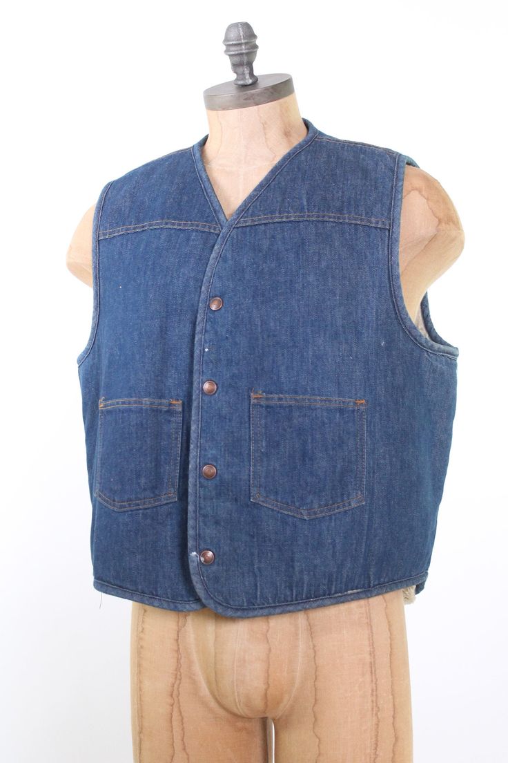 "vintage 1970s dark denim Carhartt vest. Extra warm cream sherpa fleece lining. 2 flat front pockets & Carhartt logo snaps. Looks great over cowboy shirts, or other work wear. Size XL. 44\" chest, 24\" Long Very good condition has some white spots but hard to see." Mens Brown Leather Boots, Carhartt Vest, Vintage Tuxedo, Carhartt Logo, Mens Leather Boots, Cowboys Shirt, Brown Leather Boots, Sherpa Fleece, Denim Vest